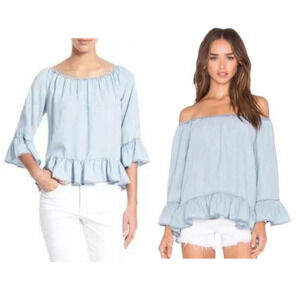 Sanctuary Chambray On or Off the Shoulder Chambray Ruffle Blouse Sz XS